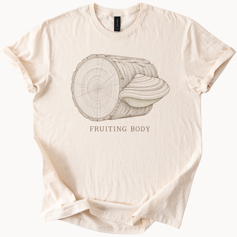 Fruiting Body Bracket Fungus on a Cut Log Tee